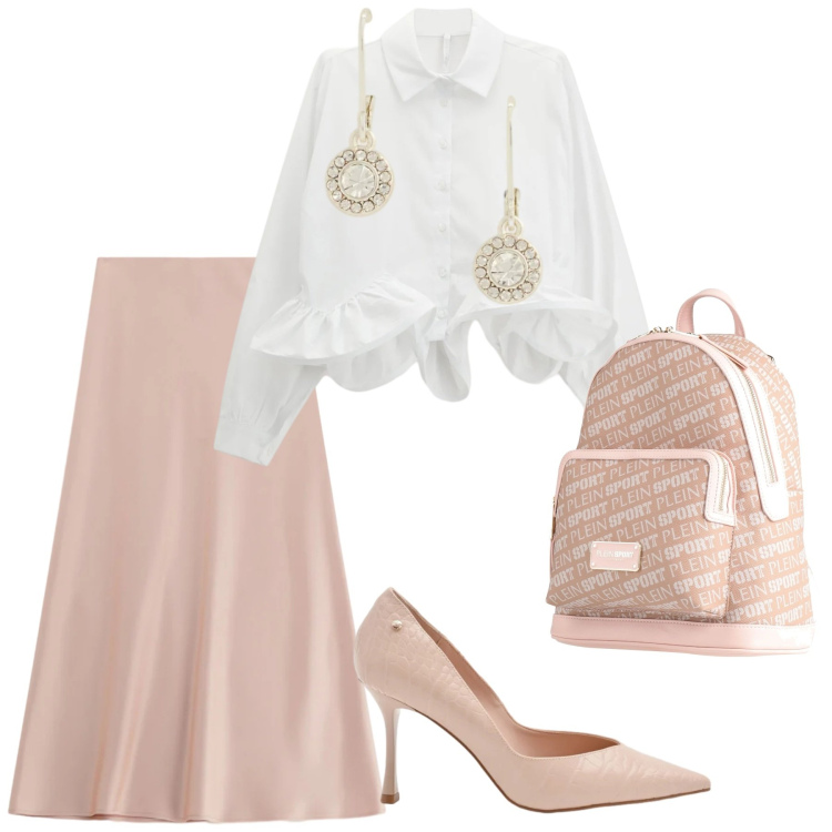 Outfit donna - Look. Stile Chic per Tutti i giorni. Abbinamento con zaini, camicie, gonne lunghe, décolleté, orecchini.