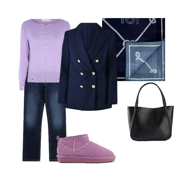 Outfit donna - glicine. Stile Basic per Tutti i giorni. Abbinamento con shopping bag, jeans dritti, blazer, maglieria, foulard, stivali.