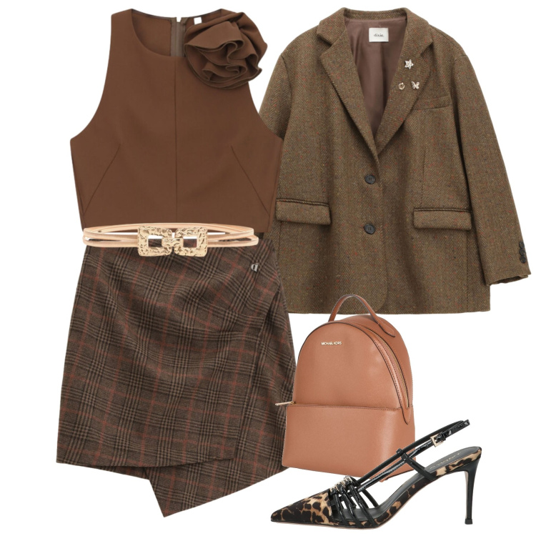 Outfit donna - Romantic, but make it Glam. Stile Glamour per Tutti i giorni. Abbinamento con zaini, décolleté, top, blazer, minigonne, cinture.