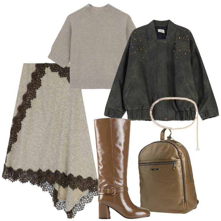 Outfit donna - Romantic, but make it Glam. Stile Glamour per Serata fuori. Abbinamento con zaini, stivali, maglieria, bomber, gonne lunghe, cinture.