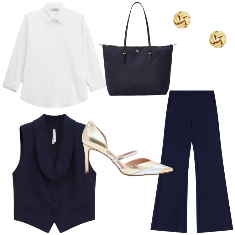 Outfit donna - Perfetta da mattina a sera. Stile Chic per Tutti i giorni. Abbinamento con pantaloni, gilet, camicie, décolleté, orecchini, borse tote.