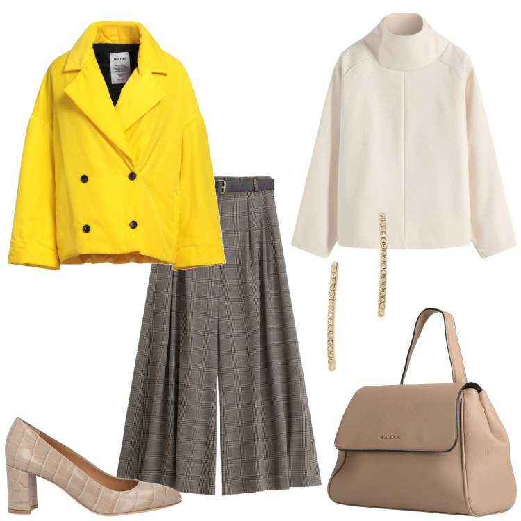 Outfit donna - Total look #2340357. Stile Casual chic per Ufficio. Abbinamento con zaini, décolleté, caban, maglieria, pantaloni a palazzo, orecchini.