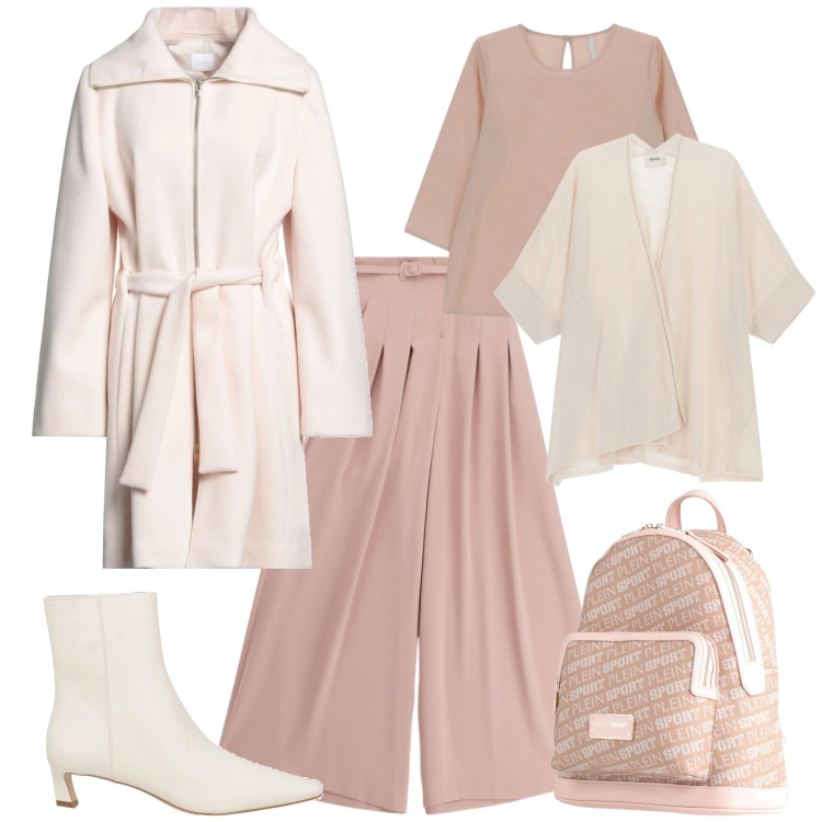 Outfit donna - Casual chic tempo libero ufficio. Stile Casual chic per Tutti i giorni. Abbinamento con stivaletti, zaini, cappotti, pantaloni a palazzo, bluse, cardigans.