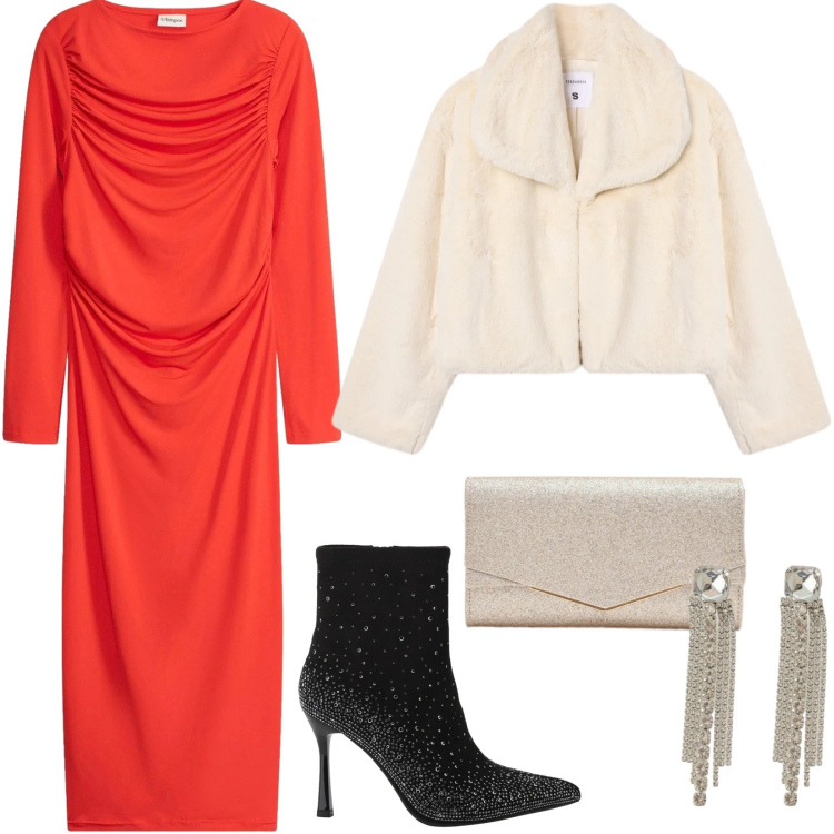 Outfit donna - Abito aderente arricciature raffinate. Stile Trendy per Tutti i giorni. Abbinamento con vestiti midi/longuette, ecopellicce, stivaletti, orecchini, clutch.