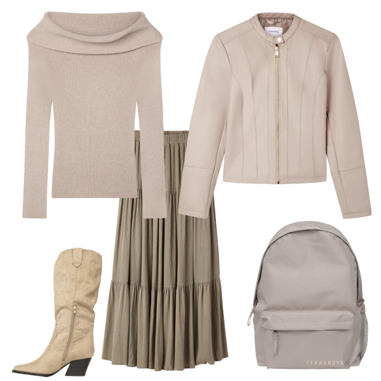 Outfit donna - Total look #2340362. Stile Casual chic per Ufficio. Abbinamento con zaini, maglieria, stivali, gonne lunghe, giacche.