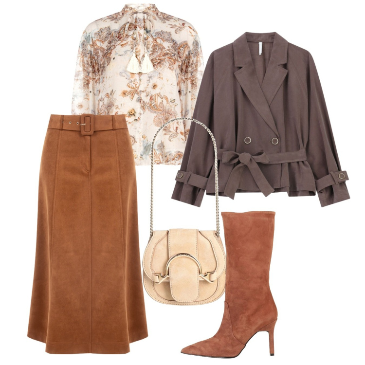 Outfit donna - Romantic, but make it Glam. Stile Glamour per Ufficio. Abbinamento con stivali, marsupi, blazer, gonne longuette, bluse.