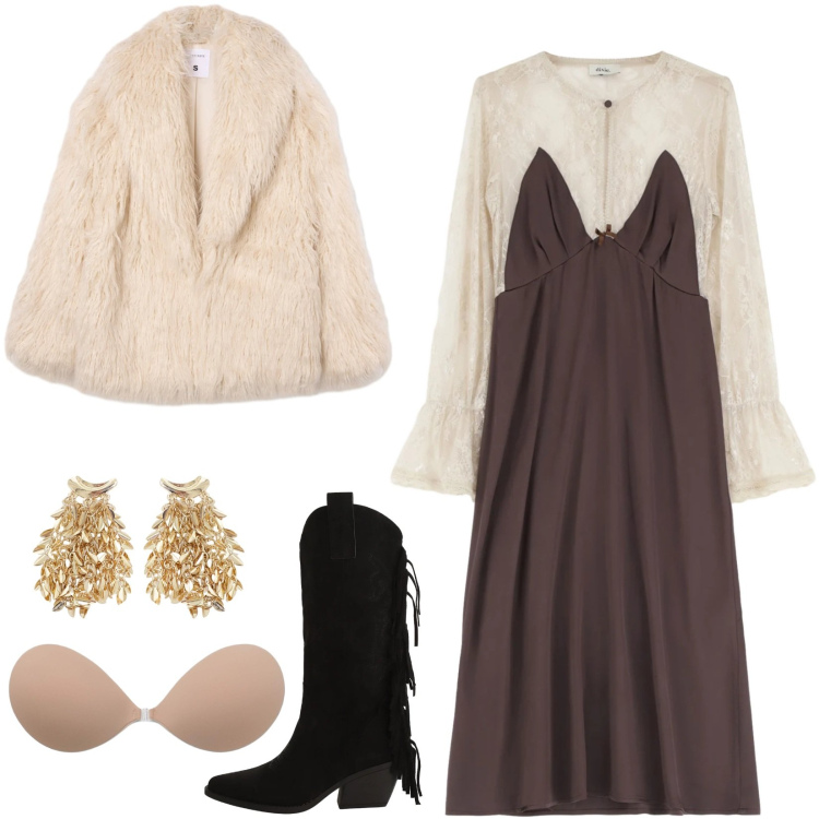 Outfit donna - L\'abito con dettagli ricercati. Stile Boho per Tutti i giorni. Abbinamento con reggiseni a balconcino, ecopellicce, stivali, vestiti midi/longuette, orecchini.