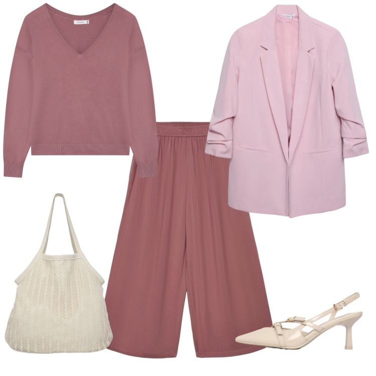 Outfit donna - Total look #2340365. Stile Casual chic per Ufficio. Abbinamento con maglieria, blazer, décolleté, shopping bag, pantaloni a palazzo.