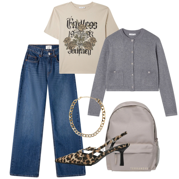Outfit donna - Terranova - Spring Starts Here. Stile Casual chic per Tutti i giorni. Abbinamento con jeans, cardigans, t-shirt, décolleté, collane, zaini.