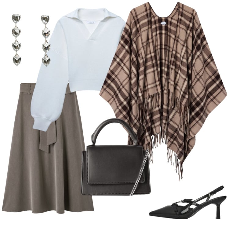 Outfit donna - Total look #2340367. Stile Casual chic per Ufficio. Abbinamento con borse a tracolla, gonne lunghe, cappotti, maglieria, décolleté, orecchini.