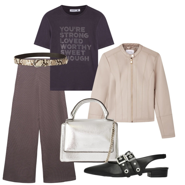 Outfit donna - Terranova - Spring Starts Here. Stile Casual chic per Tutti i giorni. Abbinamento con borse a tracolla, cinture, ballerine, t-shirt, giacche, pantaloni.