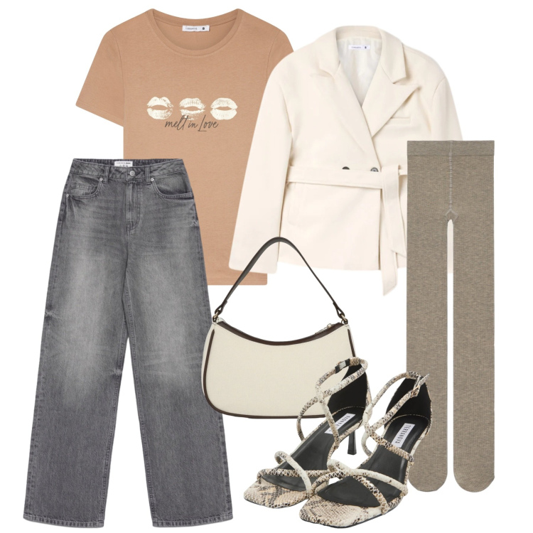Outfit donna - Terranova - Spring Starts Here. Stile Casual chic per Tutti i giorni. Abbinamento con jeans, blazer, collant, borse a tracolla, sandali col tacco, t-shirt.