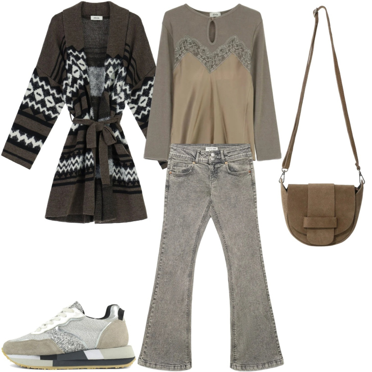Outfit donna - Ogni giorno con stile e carattere. Stile Boho per Tutti i giorni. Abbinamento con jeans a zampa, maglieria, cappotti, borse a tracolla, sneakers.