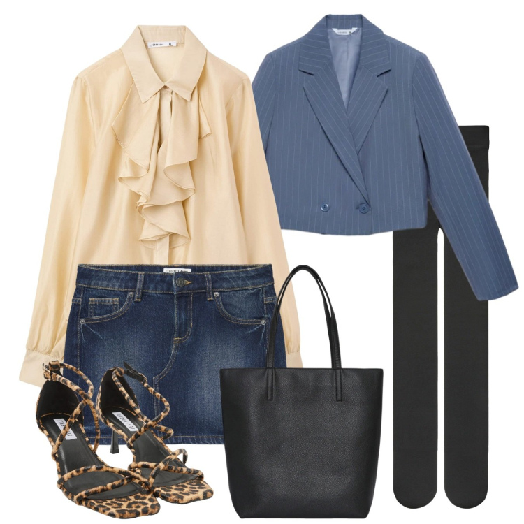 Outfit donna - Terranova - Spring Starts Here. Stile Chic per Tutti i giorni. Abbinamento con camicie, sandali col tacco, minigonne, borse tote, collant, blazer.