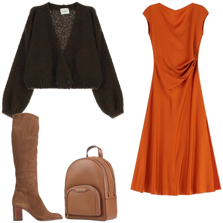 Outfit donna - Romantic Autumn. Stile Glamour per Tutti i giorni. Abbinamento con stivali, zaini, vestiti lunghi, cardigans.