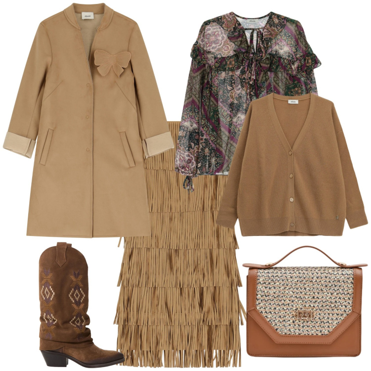 Outfit donna - Boho ogni giorno. Stile Boho per Tutti i giorni. Abbinamento con gonne lunghe, stivali, camicie, cappotti, cardigans, pochette.