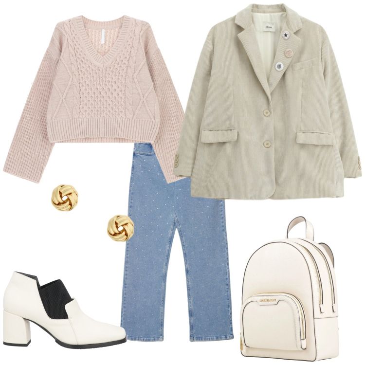 Outfit donna - Total look #2340386. Stile Casual chic per Ufficio. Abbinamento con zaini, stivaletti, jeans dritti, maglieria, blazer, orecchini.