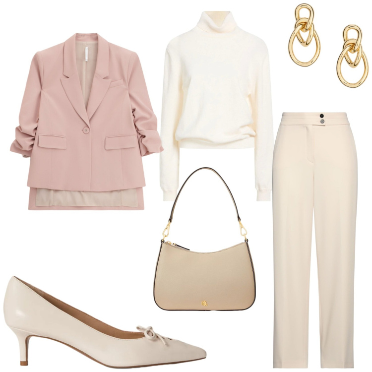 Outfit donna - Transitional fashion. Stile Chic per Tutti i giorni. Abbinamento con maglieria, pantaloni, blazer, borse a spalla, orecchini, décolleté.