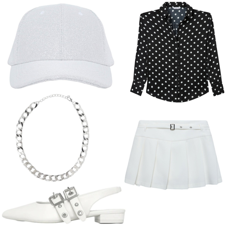 Outfit donna - Terranova: bianco per la SS26. Stile Preppy per Tutti i giorni. Abbinamento con camicie, cappelli con visiera, collane, ballerine, minigonne.