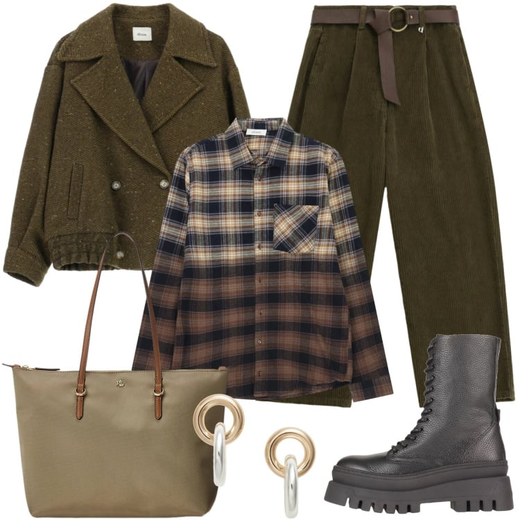 Outfit donna - Febbraio verde e marrone scuro. Stile Casual per Tutti i giorni. Abbinamento con stivaletti, borse tote, orecchini, pantaloni a palazzo, cappotti, camicie.