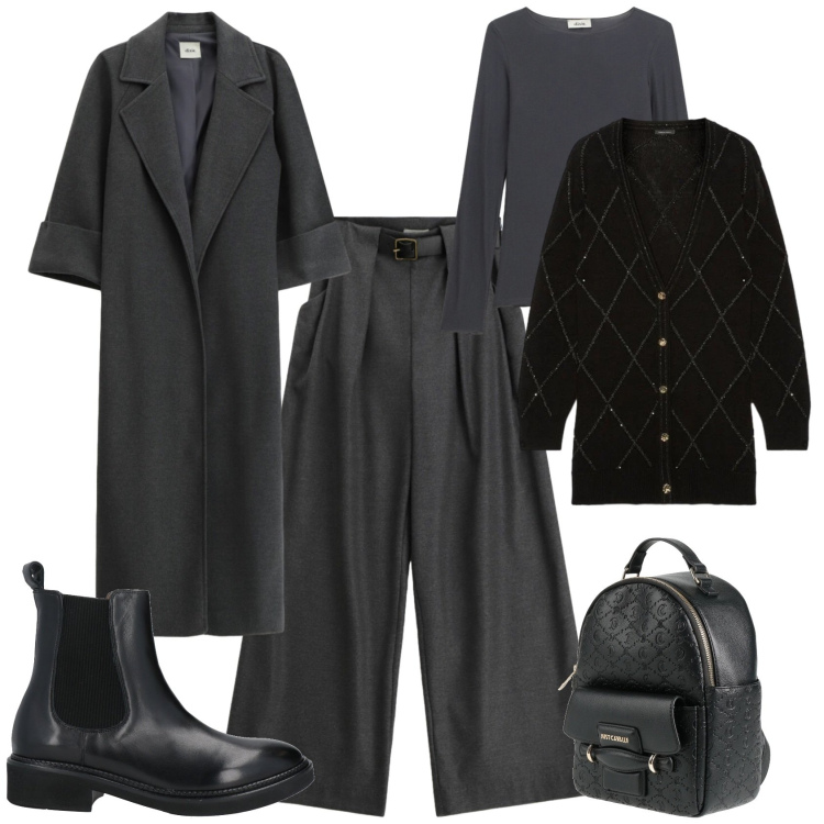 Outfit donna - Trendy ufficio tempo libero. Stile Trendy per Tutti i giorni. Abbinamento con zaini, stivaletti chelsea, cardigans, pantaloni a palazzo, cappotti, t-shirt.