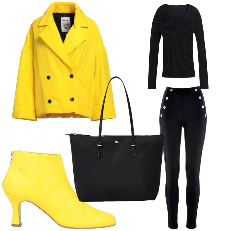 Outfit donna - Nero e giallo fluo. Stile Casual per Tutti i giorni. Abbinamento con caban, stivaletti, leggings, maglieria, borse tote.