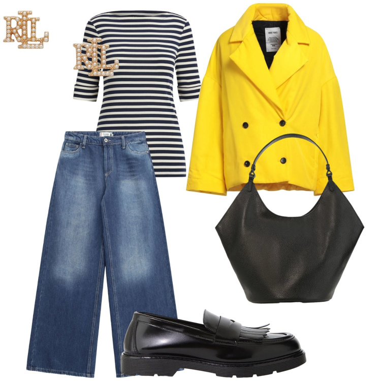 Outfit donna - Giallo. per Tutti i giorni. Abbinamento con caban, borse a spalla, mocassini, jeans, orecchini, t-shirt.