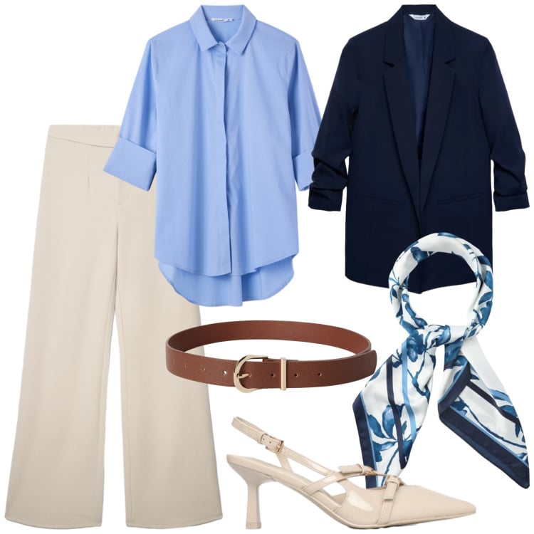 Outfit donna - Primavera in ufficio. Stile Casual chic per Ufficio. Abbinamento con blazer, pantaloni, camicie, cinture, décolleté, foulard.