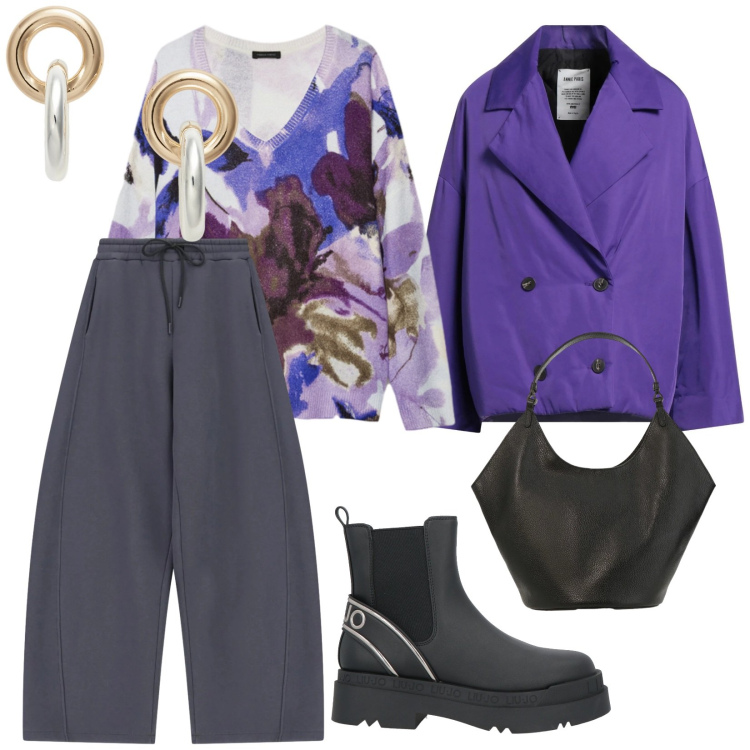 Outfit donna - Viola. per Ufficio. Abbinamento con stivaletti chelsea, caban, pantaloni a palazzo, maglieria, borse a spalla, orecchini.