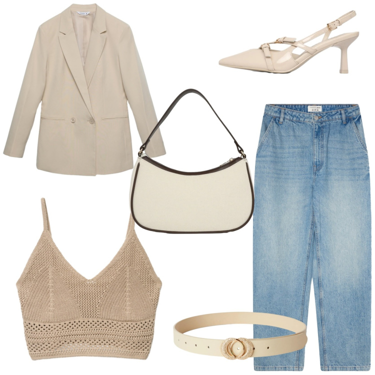 Outfit donna - Transitional dress in jeans. Stile Romantica per Tutti i giorni. Abbinamento con cinture, décolleté, borse a tracolla, blazer, top, jeans.