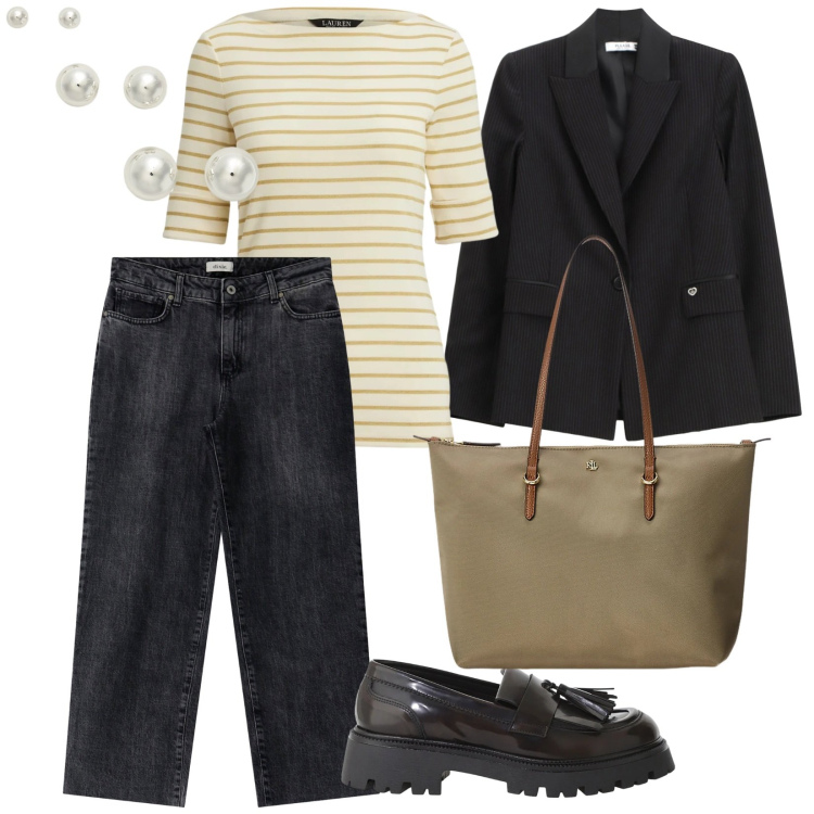 Outfit donna - Sportiva con garbo. per Tutti i giorni. Abbinamento con jeans dritti, mocassini, blazer, borse tote, orecchini, t-shirt.