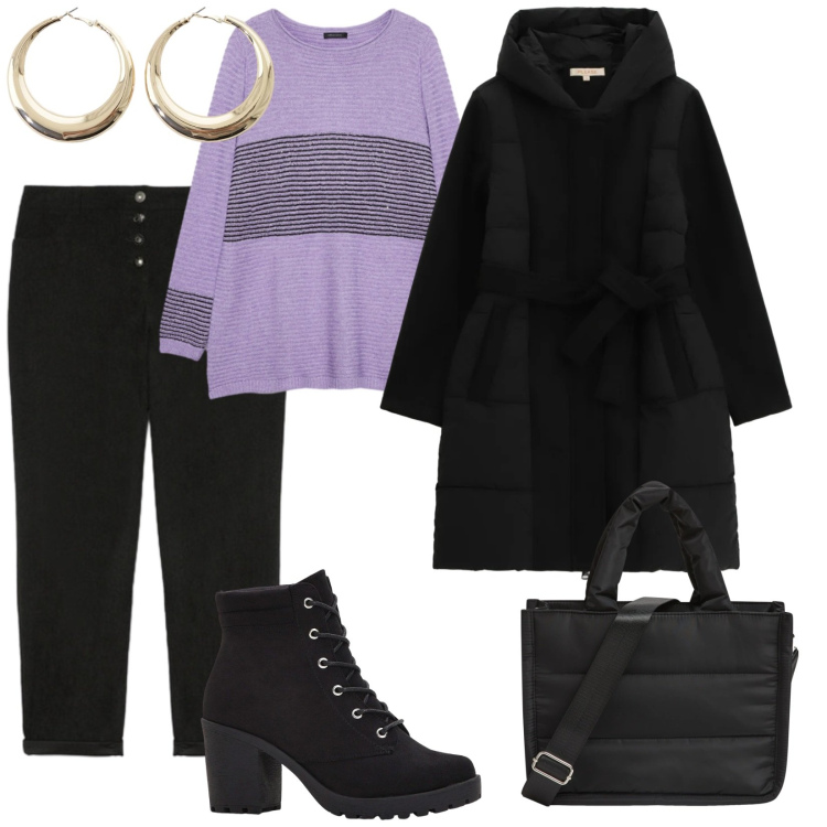 Outfit donna - Freddo e vento. per Tutti i giorni. Abbinamento con stivaletti, shopping bag, maglieria, pantaloni, orecchini, cappotti.