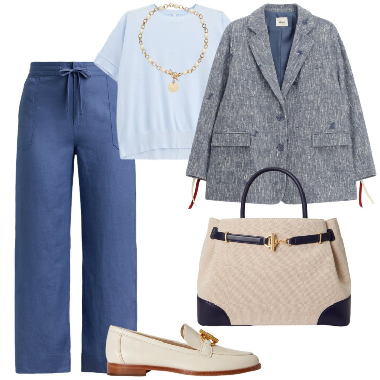 Outfit donna - Aria di primavera. per Ufficio. Abbinamento con t-shirt, blazer, borse a mano, collane, mocassini, pantaloni.
