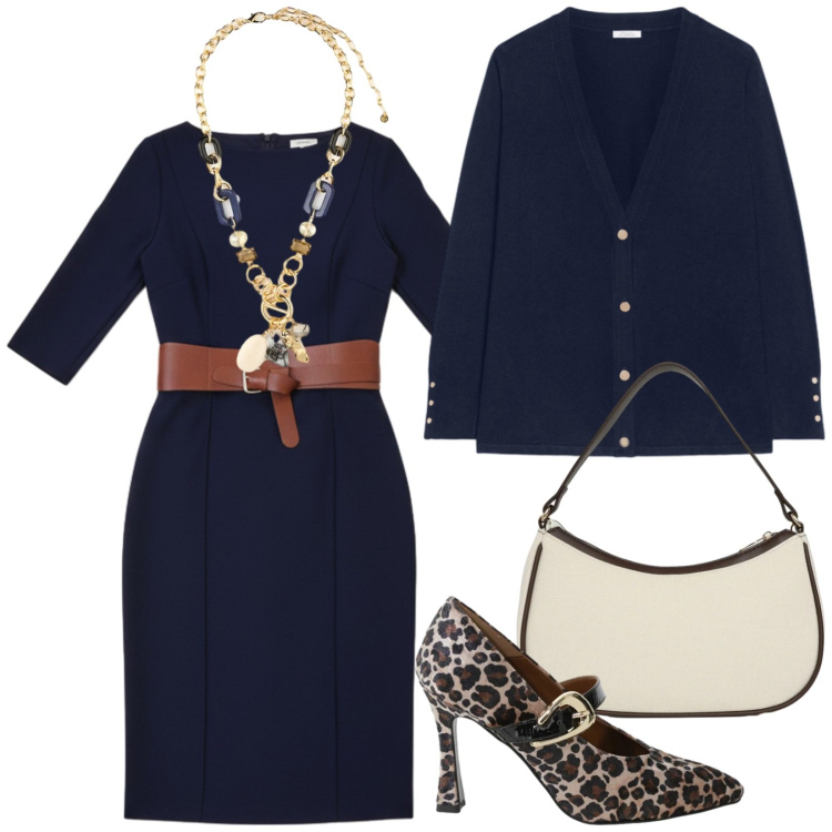 Outfit donna - Serata di fine inverno. Stile Chic per Serata fuori. Abbinamento con cardigans, collane, décolleté, vestiti midi/longuette, borse a tracolla.