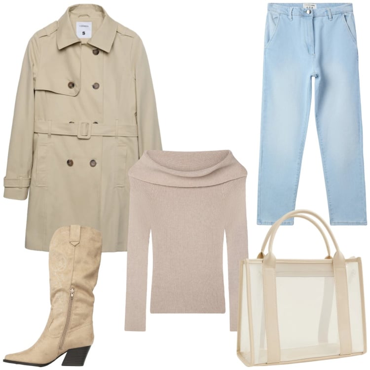 Outfit donna - Nuova collezione primavera di Terranova. Stile Urban per Tutti i giorni. Abbinamento con jeans skinny, maglieria, trench, stivali, borse tote.