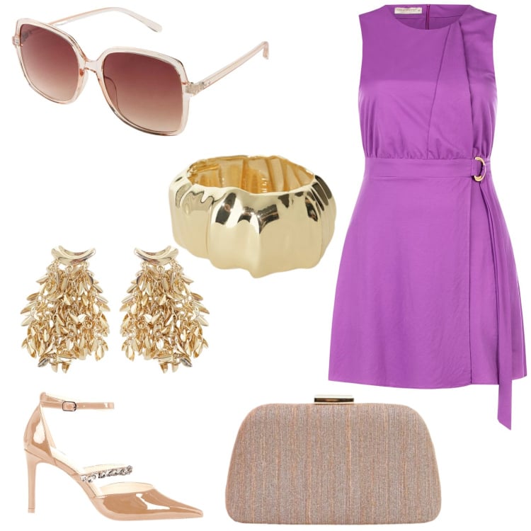 Outfit donna - Vacanze Romane. Stile Glamour per Serata fuori. Abbinamento con occhiali da sole, pochette, décolleté, vestiti, orecchini, braccialetti.