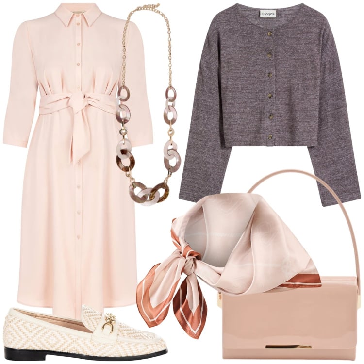 Outfit donna - Total look #2340423. Stile Romantica per Tutti i giorni. Abbinamento con cardigans, collane, pochette, vestiti lunghi, foulard, mocassini.