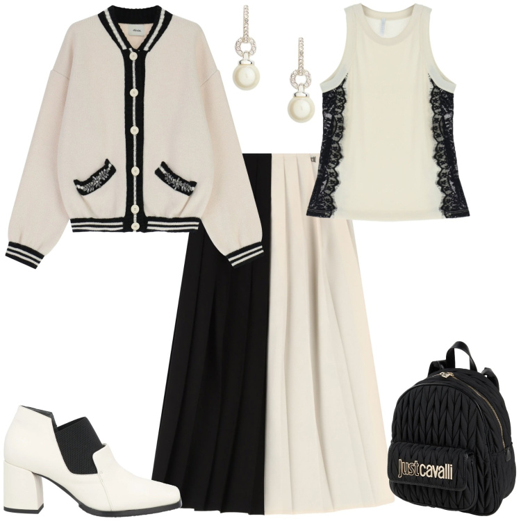 Outfit donna - Chic evento serata speciale. Stile Chic per Tutti i giorni. Abbinamento con zaini, stivaletti, top, cardigans, gonne lunghe, orecchini.