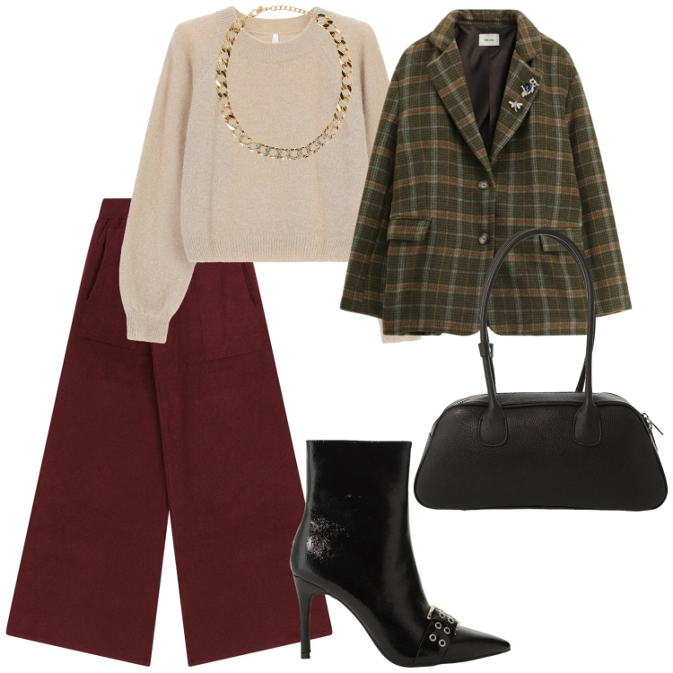 Outfit donna - Di giorno. per Tutti i giorni. Abbinamento con collane, stivaletti, maglieria, borse a mano, blazer, pantaloni a palazzo.