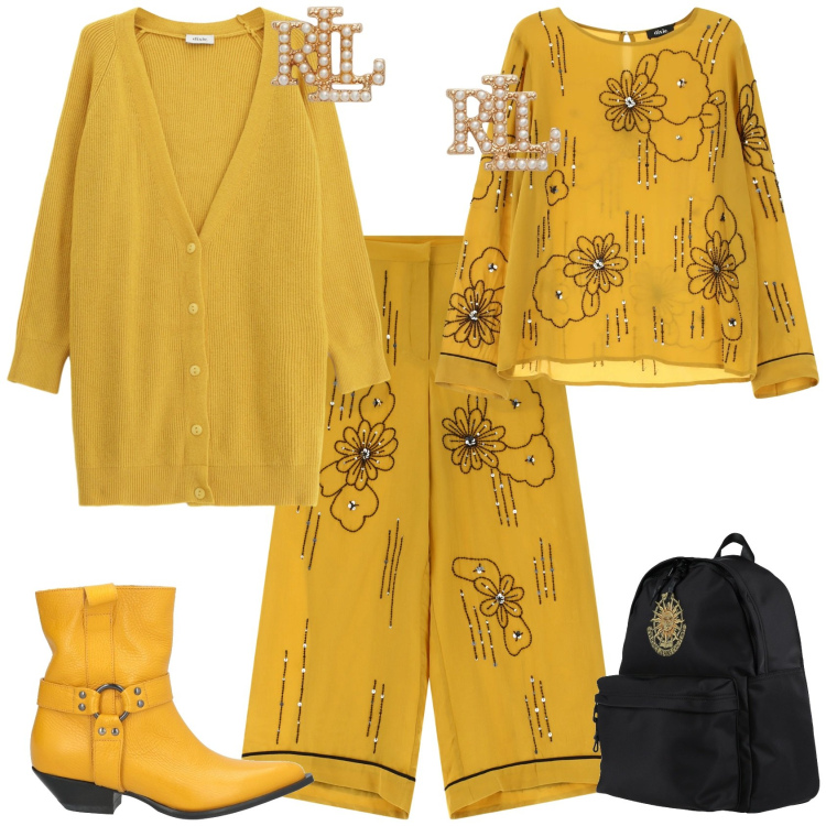 Outfit donna - Casual chic ufficio tempo libero. Stile Casual chic per Tutti i giorni. Abbinamento con zaini, stivaletti texani, cardigans, pantaloni, camicie, orecchini.