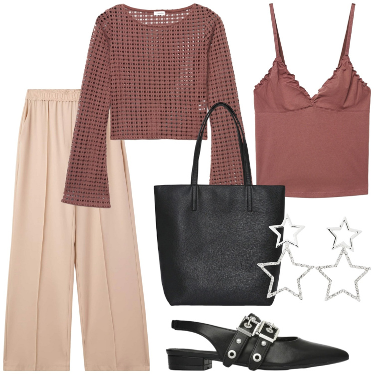 Outfit donna - Total look #2340439. Stile Rock per Tutti i giorni. Abbinamento con canottiere, maglieria, borse tote, pantaloni, ballerine, orecchini.
