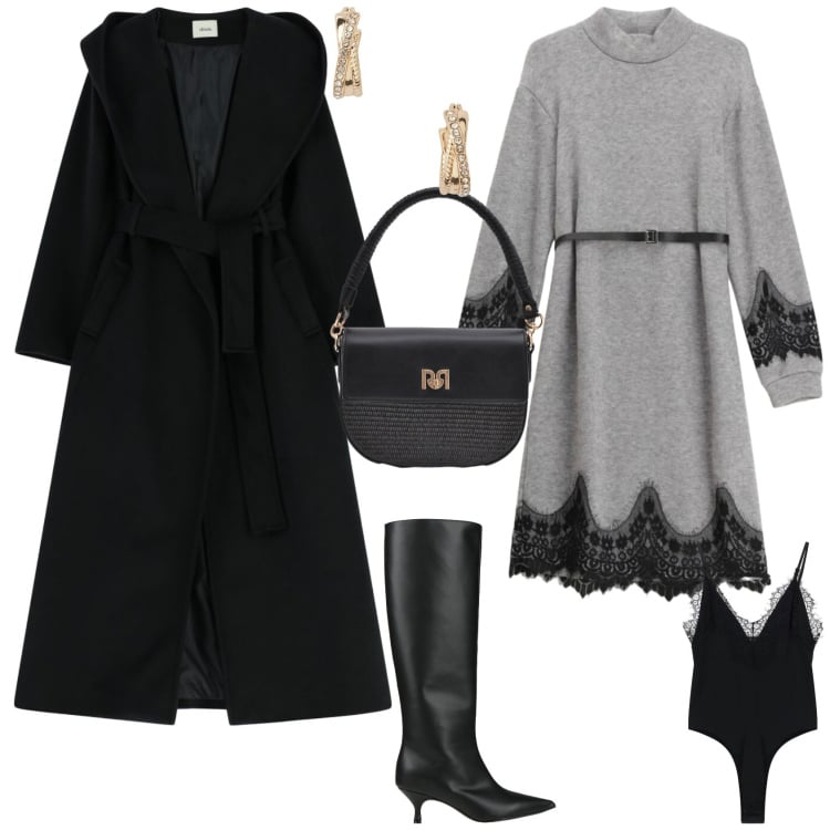 Outfit donna - Casual chic ogni giorno. Stile Casual chic per Serata fuori. Abbinamento con stivali, borse a spalla, orecchini, cappotti, body, vestiti corti.