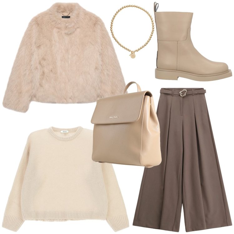 Outfit donna - Romantic glam. Stile Romantica per Tutti i giorni. Abbinamento con stivaletti, zaini, pantaloni, ecopellicce, maglieria, collane.