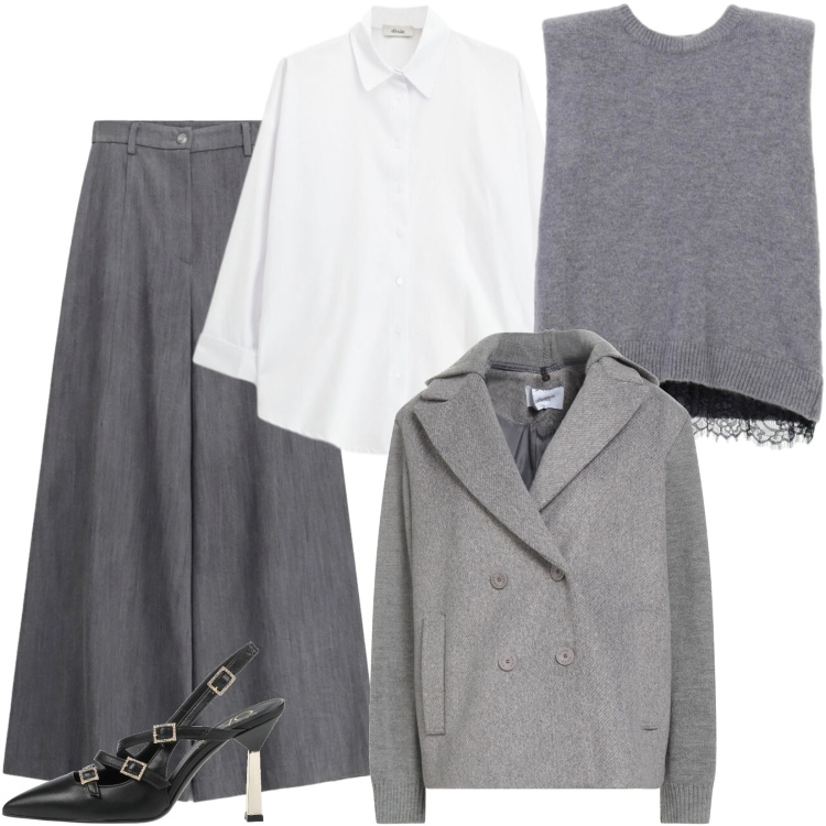 Outfit donna - Total look #2340446. Stile Casual chic per Tutti i giorni. Abbinamento con caban, décolleté, pantaloni a palazzo, maglieria, camicie.