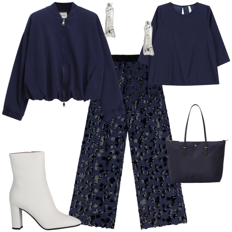 Outfit donna - Glamour serata evento speciale. Stile Glamour per Serata fuori. Abbinamento con stivaletti, bluse, pantaloni a palazzo, bomber, borse tote, orecchini.