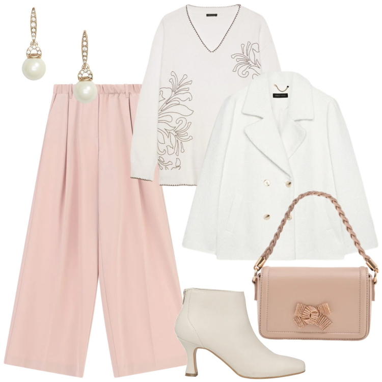 Outfit donna - Febbraio in tonalità soft - curvy. Stile Chic per Cerimonia. Abbinamento con stivaletti, pantaloni a palazzo, maglieria, caban, pochette, orecchini.