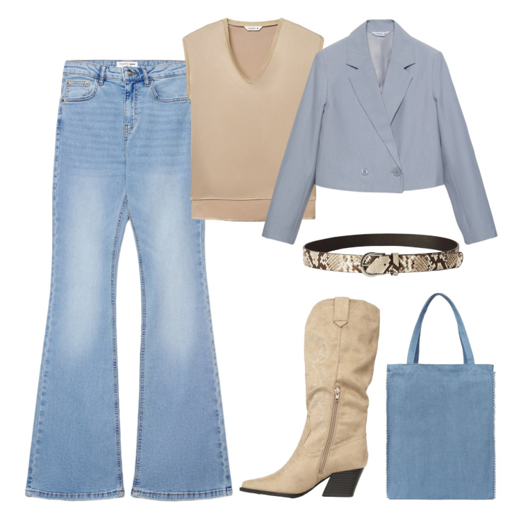 Outfit donna - Azzurro polvere. Stile Trendy per Tutti i giorni. Abbinamento con blazer, top, stivali, jeans a zampa, borse tote, cinture.