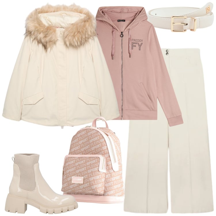 Outfit donna - Febbraio in tonalità soft - curvy. Stile Sporty chic per Tutti i giorni. Abbinamento con zaini, stivaletti, piumini, pantaloni chino, cinture, felpe con cappuccio.