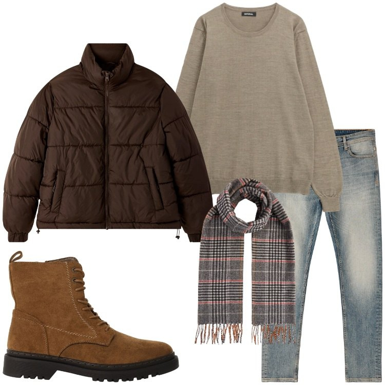 Outfit uomo - Tessuti che scaldano. Stile Urban per Ufficio. Abbinamento con maglieria, anfibi, bomber, jeans skinny, sciarpe.