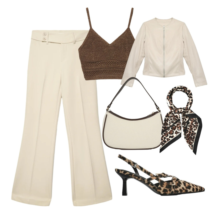 Outfit donna - Verso la primavera. Stile Trendy per Serata fuori. Abbinamento con giacche, top, décolleté, pantaloni, borse a tracolla, foulard.